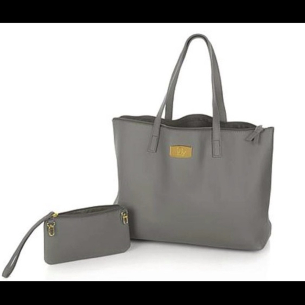 NEW Joy Mangano Large Gray Pebbled Leather Tote Bag and Removable Wristlet